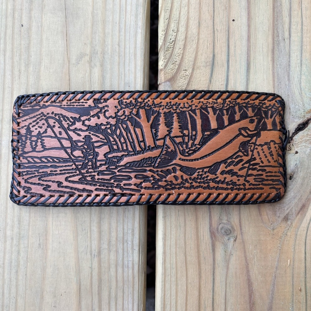 Vintage BiFold Leather Wallet Fishing Nature Hand Tooled Handmade Whipstitch USA